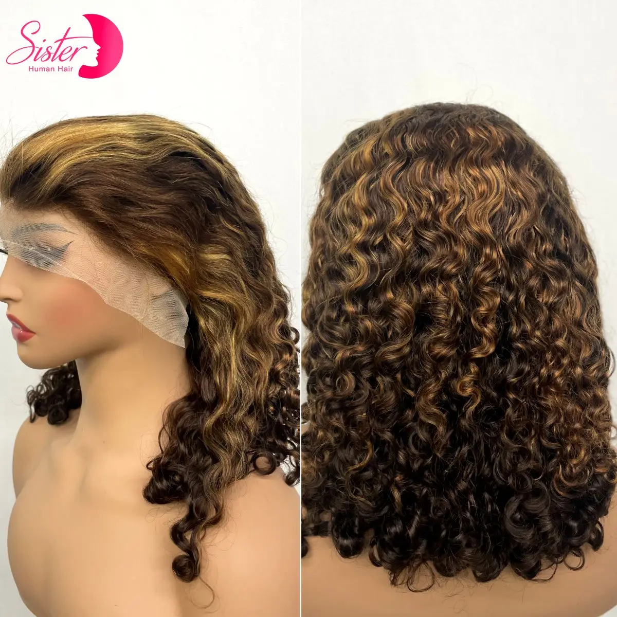

200% Density 4/27 Highlight 13x4 Lace Frontal Water Wave Human Hair Wigs Short Colored Burmese Bouncy Curly Hair Wigs for Women