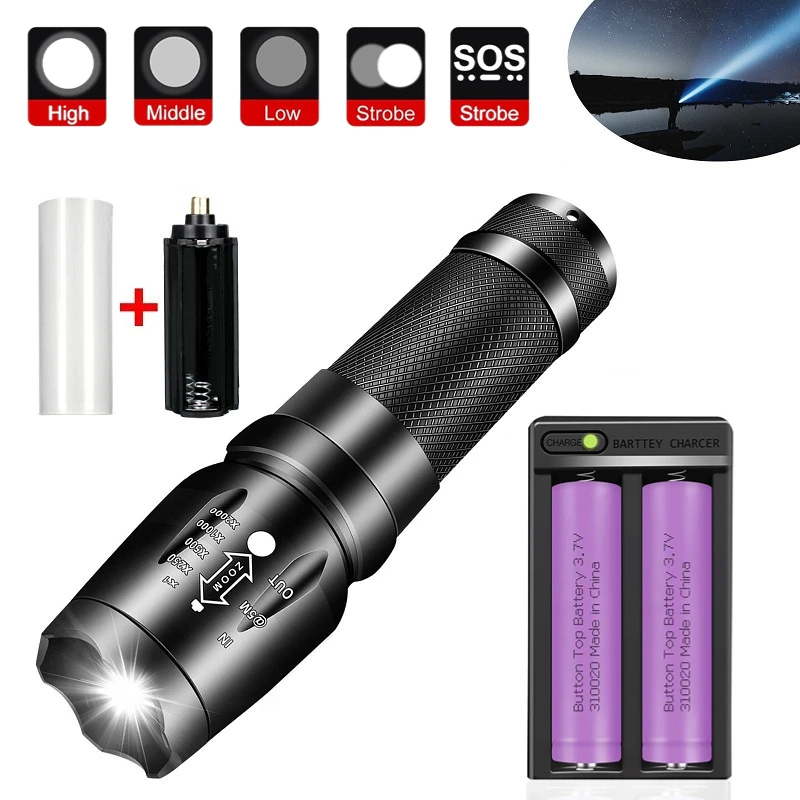 Bright Rechargeable Flashlights Led Tactical Flashlight with 5 Modes Battery Charger Set  for Camping Hiking Outdoor Emergency