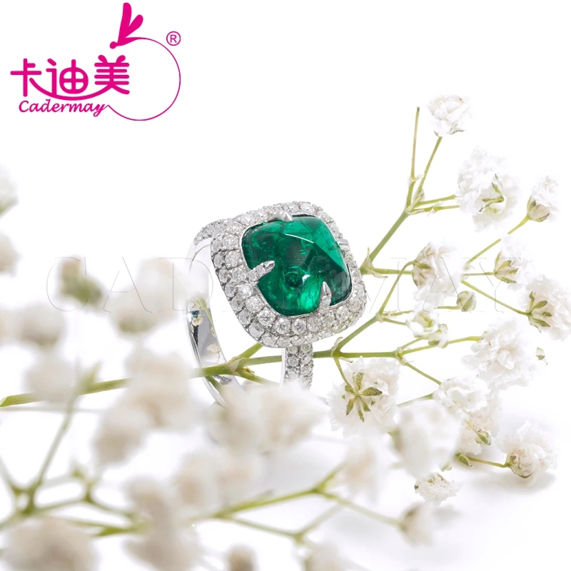 

CADERMAY Sterling Silver 925 Muzo Green Cultivated Emerald Moissanite Ring High Jewelry