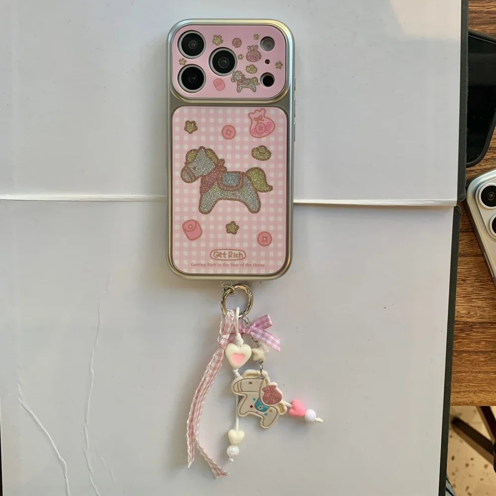 

Cute pink mesh glitter pony phone case, suitable for iPhone 14/15/16/17 Pro Max, Fundans 17 Pro new shockproof protective case