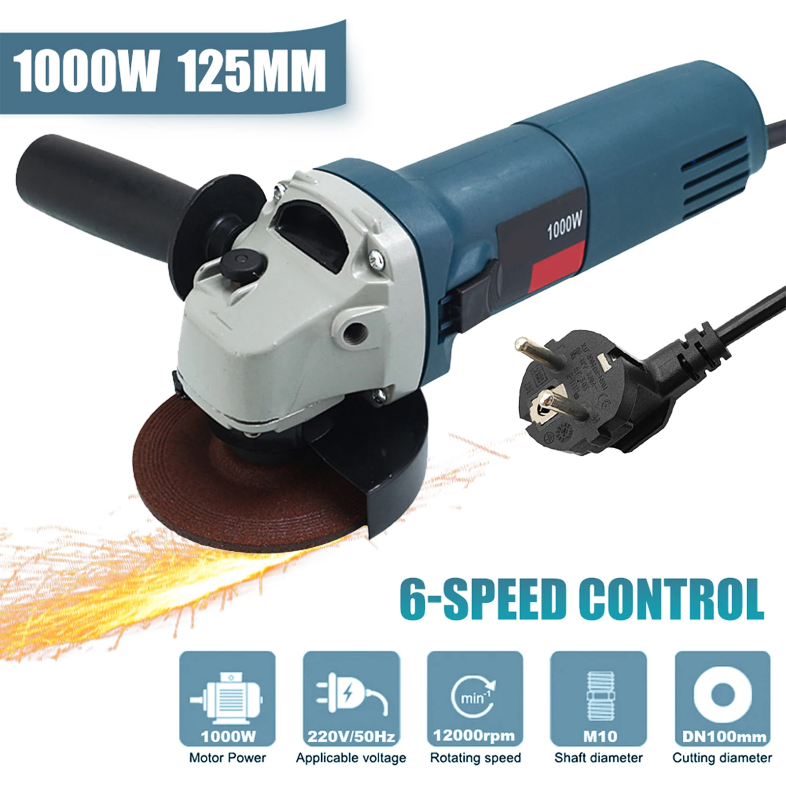 1000W Electric Angle Grinder 220V Corded Grinding Machine 6 Speeds 100/125mm Electric Grinding Cutting Polishing Power Tool