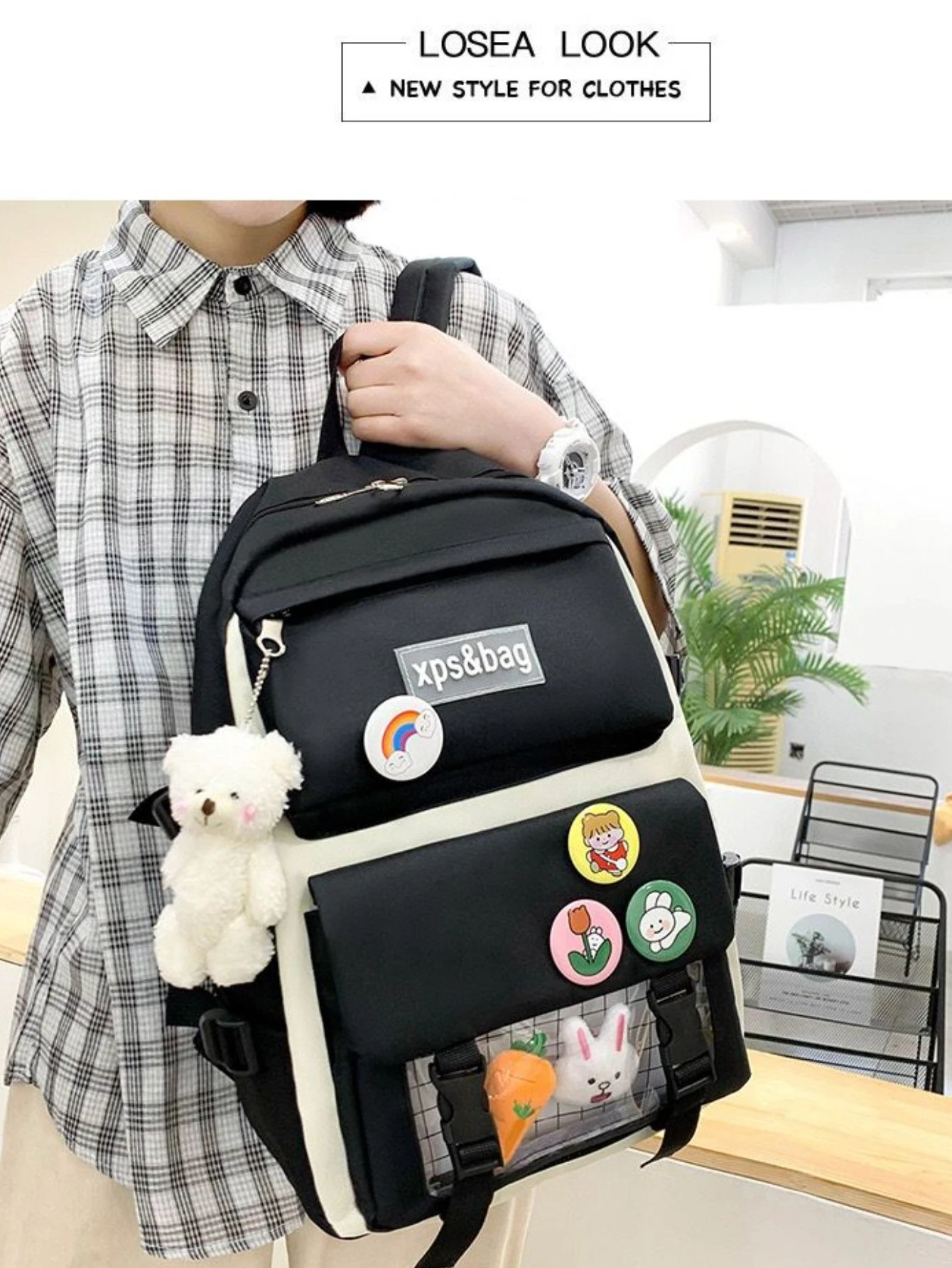 Modern school travel backpack with 4 pieces student backpacks and rabbit pencil case #802