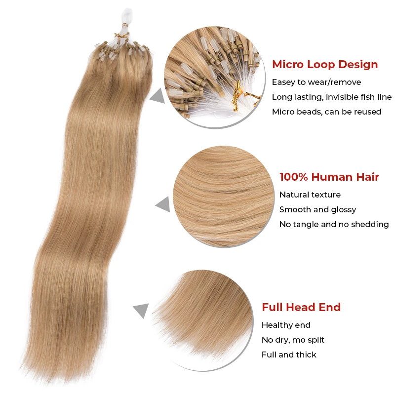 QHP Straight Loop Micro Ring Hair Extensions 100% Brazilan Remy Human Hair Extension Natural Capsule Keratin 0.8g/pc 1g/pc Blond