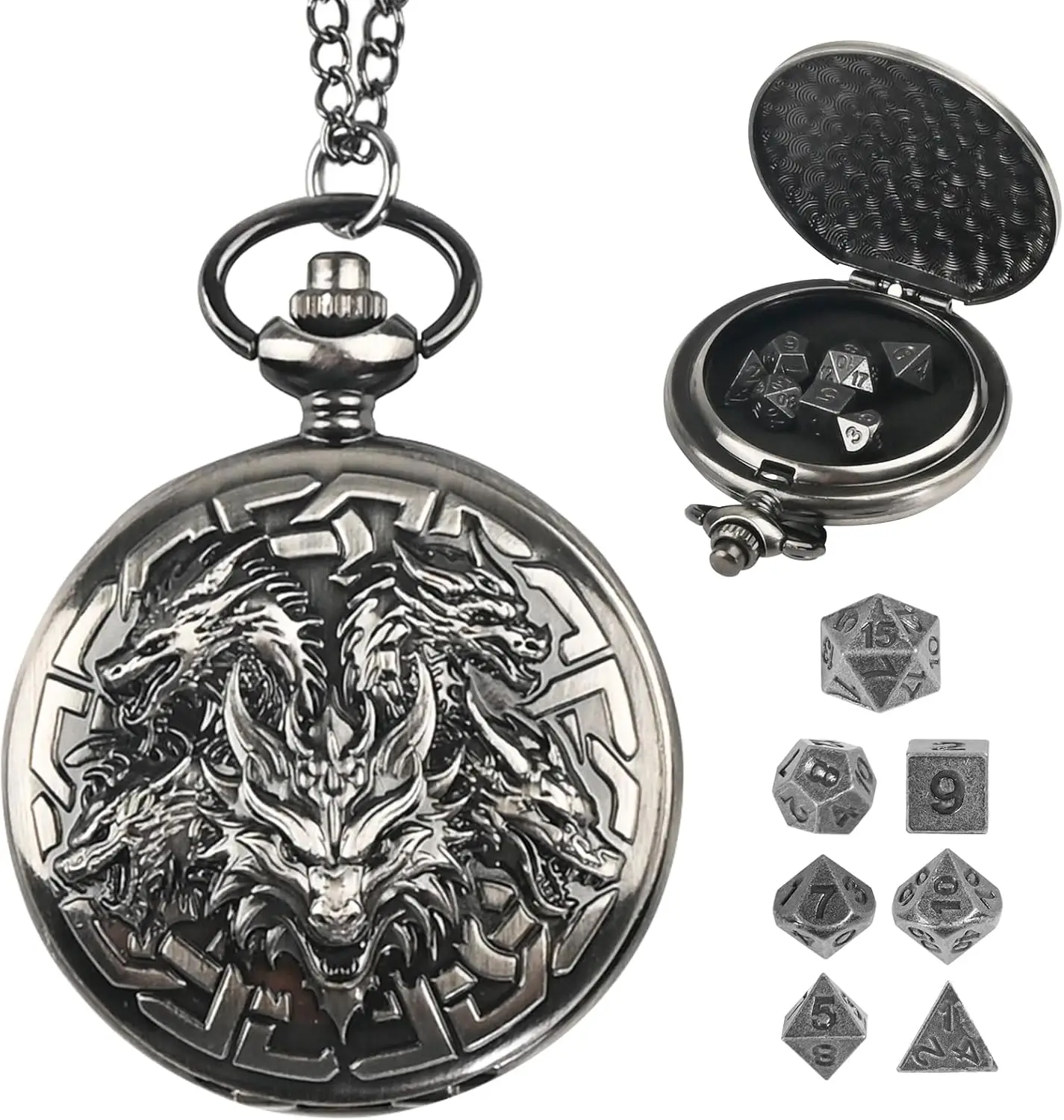 D&D Dice Set,7PCS Metal Dice for Dungeons and Dragons,Mini Dice Set with Pocket Watch Case,Role Playing Board Games Accessories (Dragon, Ancient Silver)