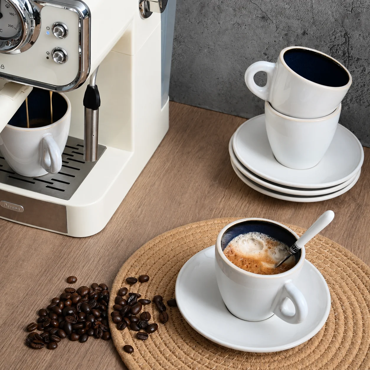 Bacimi® Cappuccino Cups and Saucers Set of 4 – 8.7oz Thick Barista Style Stoneware Cups - Blue Glaze Classic Italian Design - Ceramic Cups For Cappuccino, Latte, Tea – Dishwasher & Microwave Safe
