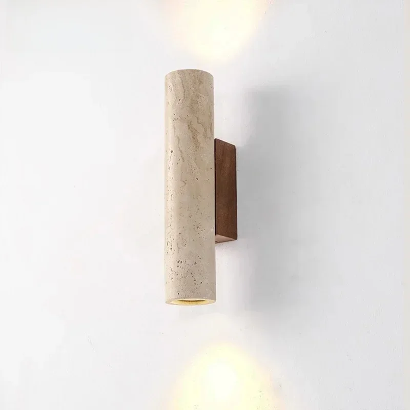 Wandleuchte im Wabi Sabi-Stil, gelber Travertin, Vintage-Stil, Stein und Holz, Wandleuchte für Schlafzimmer, Nachttisch, Wohnzimmer, Treppe, Heimdekoration