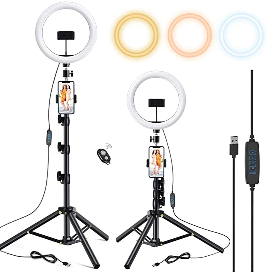 10.2 inch Selfie Ring Light with Tripod Stand & 2 Phone Holders, Dimmable Led Camera Ringlight for Photography/Makeup/Live