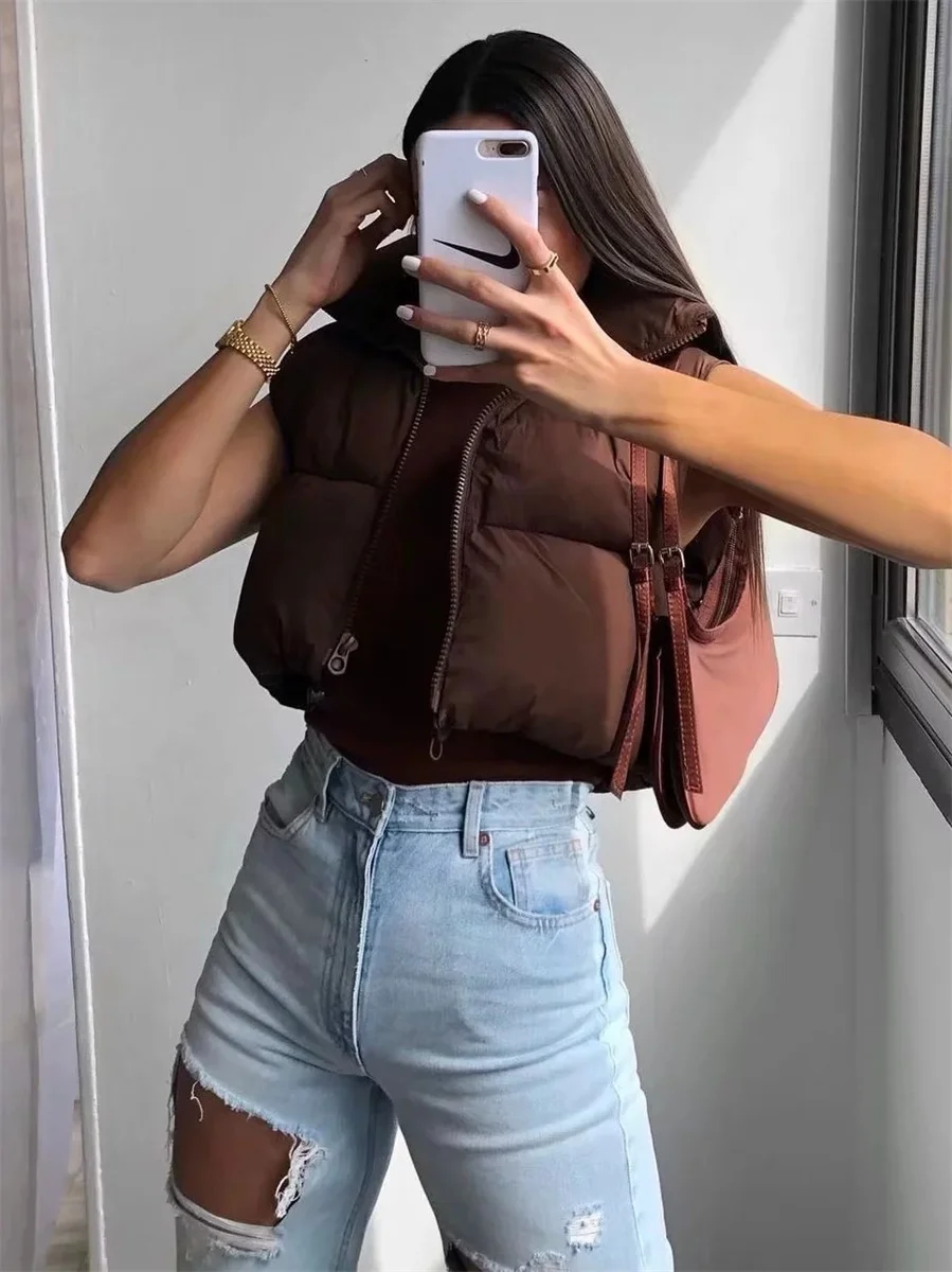 Gilet corto in cotone da donna autunno inverno Colletto corto alla coreana Gilet trapuntato senza maniche caldo Giacca da viaggio all'aperto Top 2025