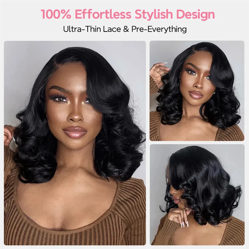 Body Wave 13x4 HD Lace Front Wigs Human Hair 200% Density Bob Wig Human Hair Pre Plucked Short Bob Wigs For Black Women 4x4 Lace Closure Frontal Wig Human Hair Natural Black Loose Wavy 14 Inch Bob Wigs view 3