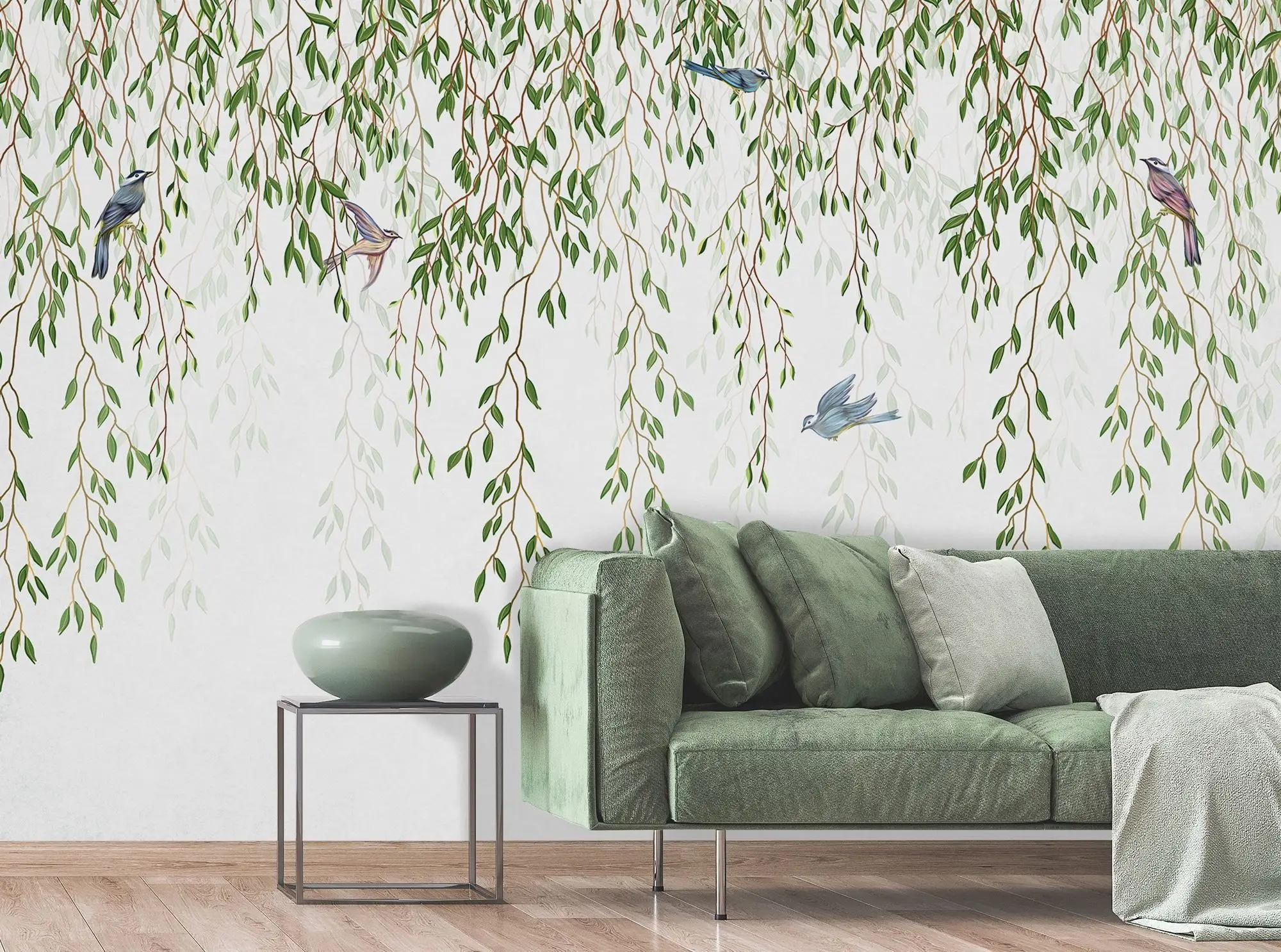 Green Hanging Leaves with Colorful Birds Wallpaper Mural, Tropical Fresh Leaf Removable Wallpaper