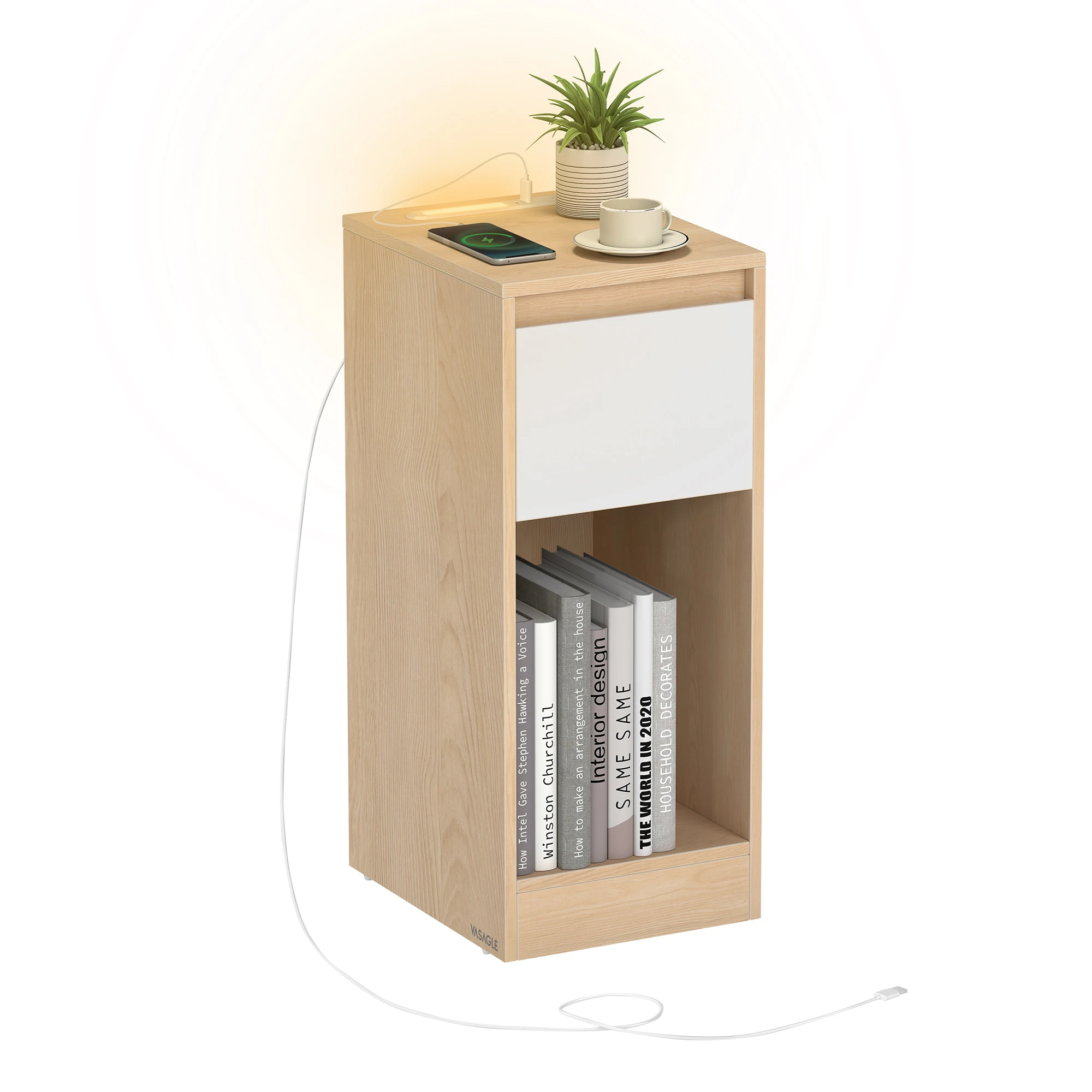 Vasagle Nachtkastje, Smal, Bijzettafel, Led-Verlichting, 1 Usb-A-Poort, 1 Usb-C-Poort, Lade, Open Compartiment-image