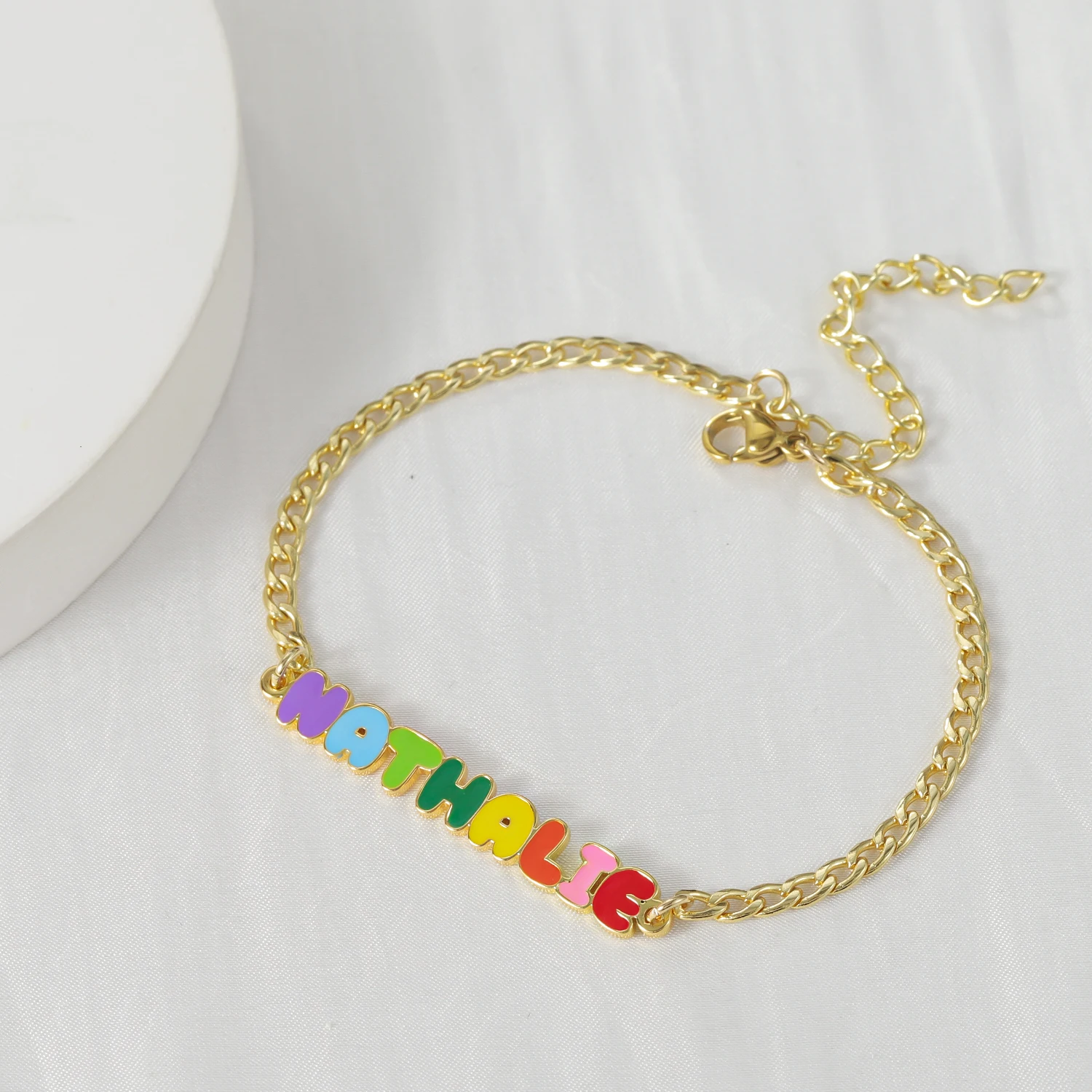 Custom Rainbow Enamel Name Bracelets Kids Cuban Chain Bracelets Stainless Steel Name Bracelet Christmas Gifts for Daughter