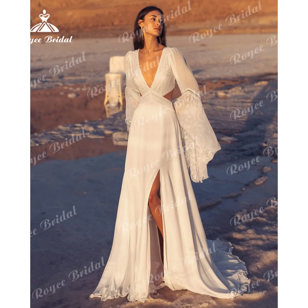 Vestido de novia de gasa de encaje con espalda descubierta para mujer, con aberturas laterales Sexy vestido de novia, cuello en V profundo, manga acampanada, línea A, Playa