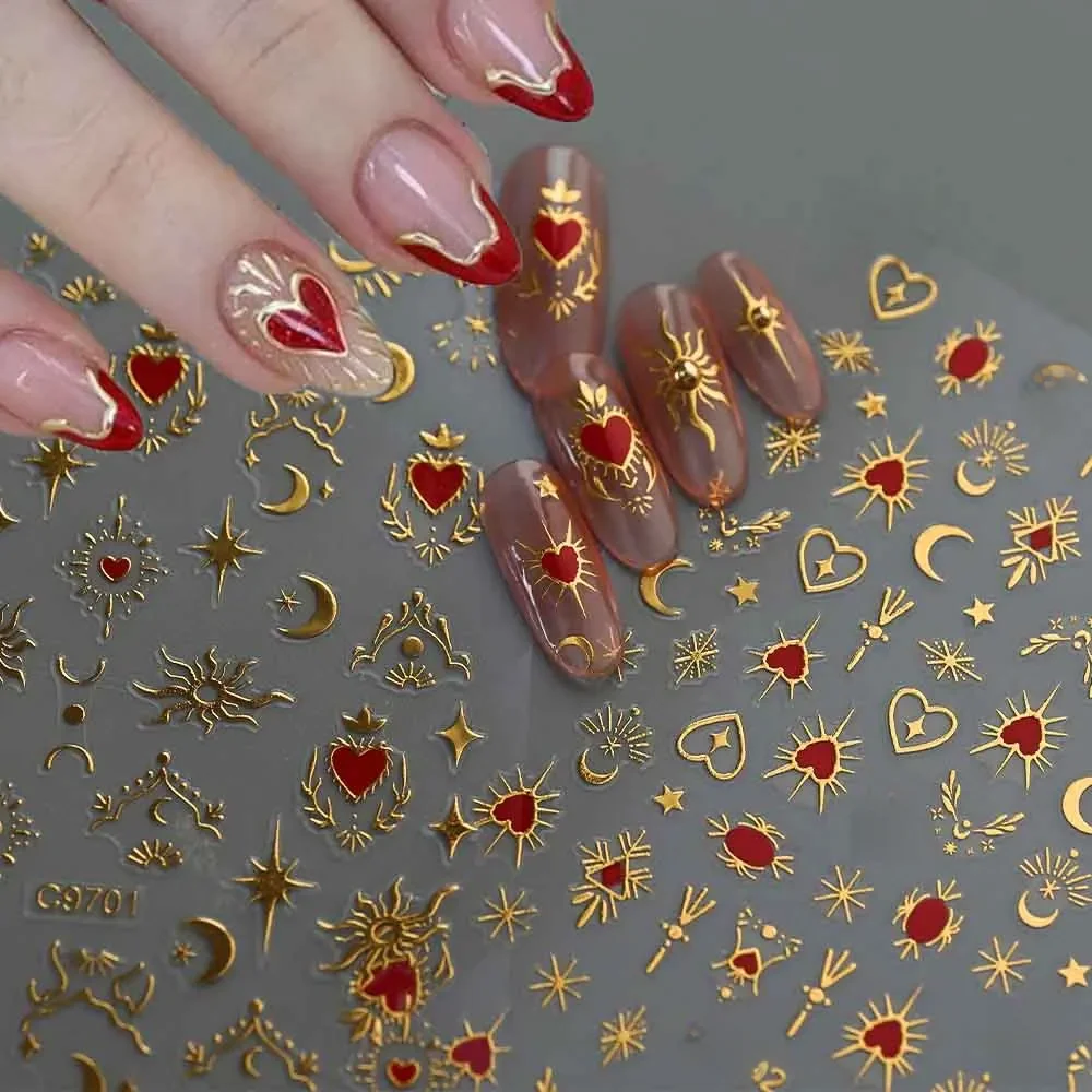 1 pièce Autocollants 3D pour ongles, Cœur d'amour doré bronzant, Y2K, Étoiles holographiques, Soleil, Lumière des étoiles, Décoration de manucure DIY