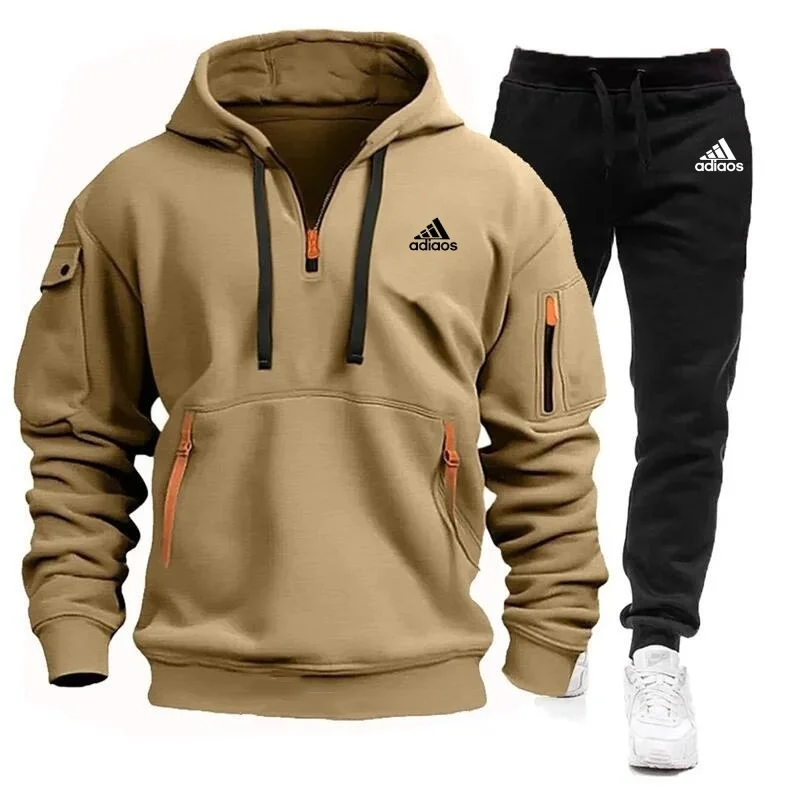 Men\'s Multi Pocket Zipper Sportswear And Pants Set, Casual Sportswear, Running Suit, Spring And Autumn Hooded Two-Piece Set2024