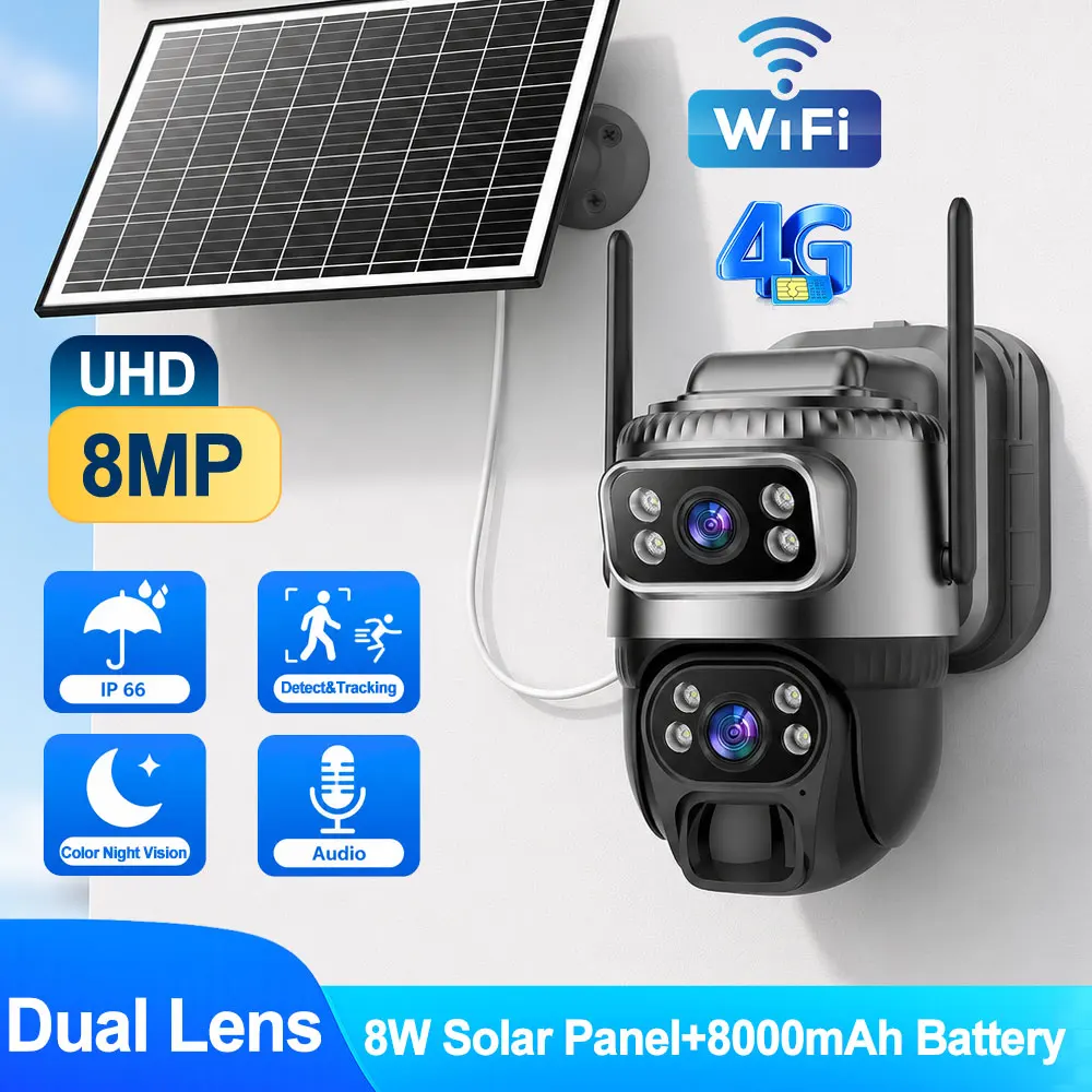 Caméra de sécurité solaire WiFi/4G 8MP avec audio bidirectionnel, alarme vocale, détection de mouvement humain, suivi automatique, vision nocturne couleur, caméra de surveillance extérieure