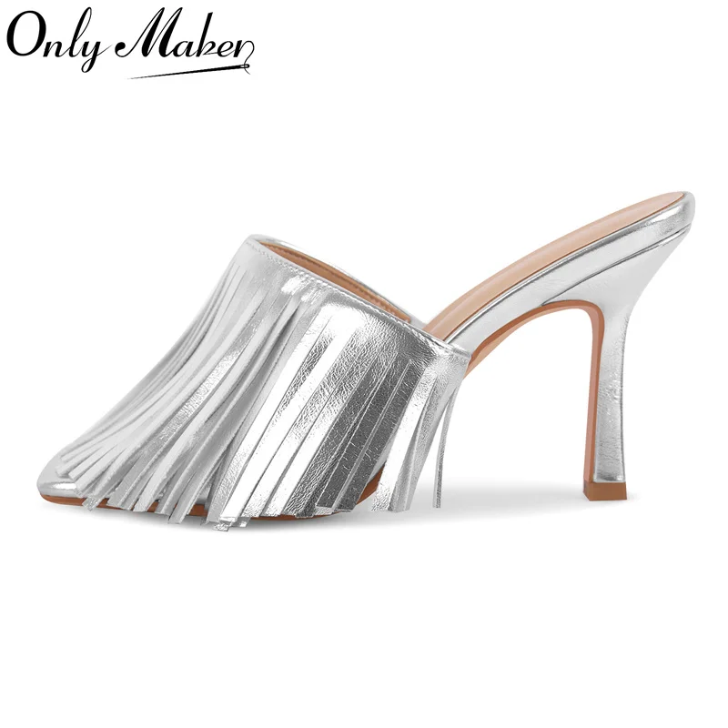 

Onlymaker Women Square Toe Fringe Stiletto Slip On Sandals Open Toe Sexy Party Stiletto Mules