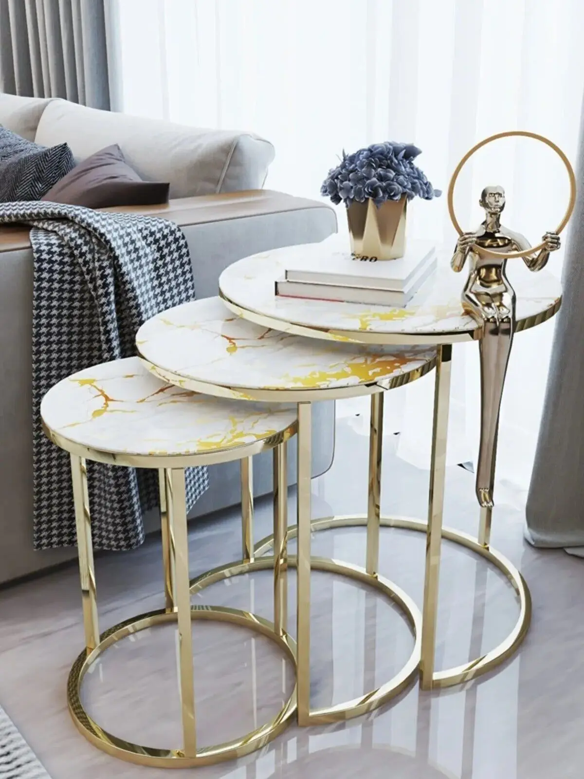 Decorative Gold Nesting Table Set of 3 Unbreakable Tempered Glass Luxury Marble Design 3Pcs Coffee Table for Living Room 3Pcs