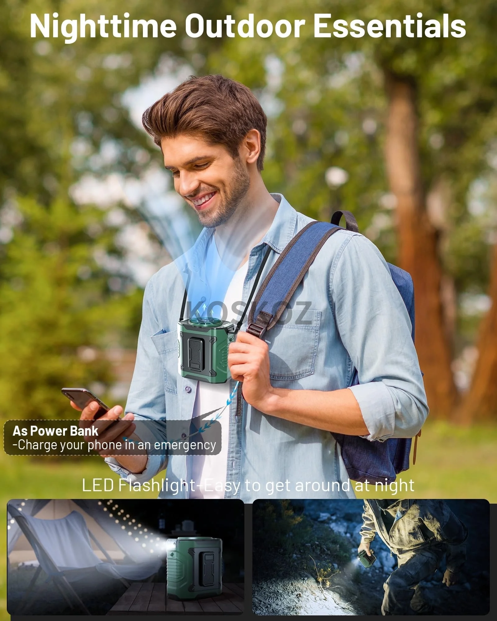 Portable Waist Fan with 10 Speed, Clip on Wearable Personal Fan with Flashlight, Hands-Free Hanging Neck Fans, Outdoor Camping