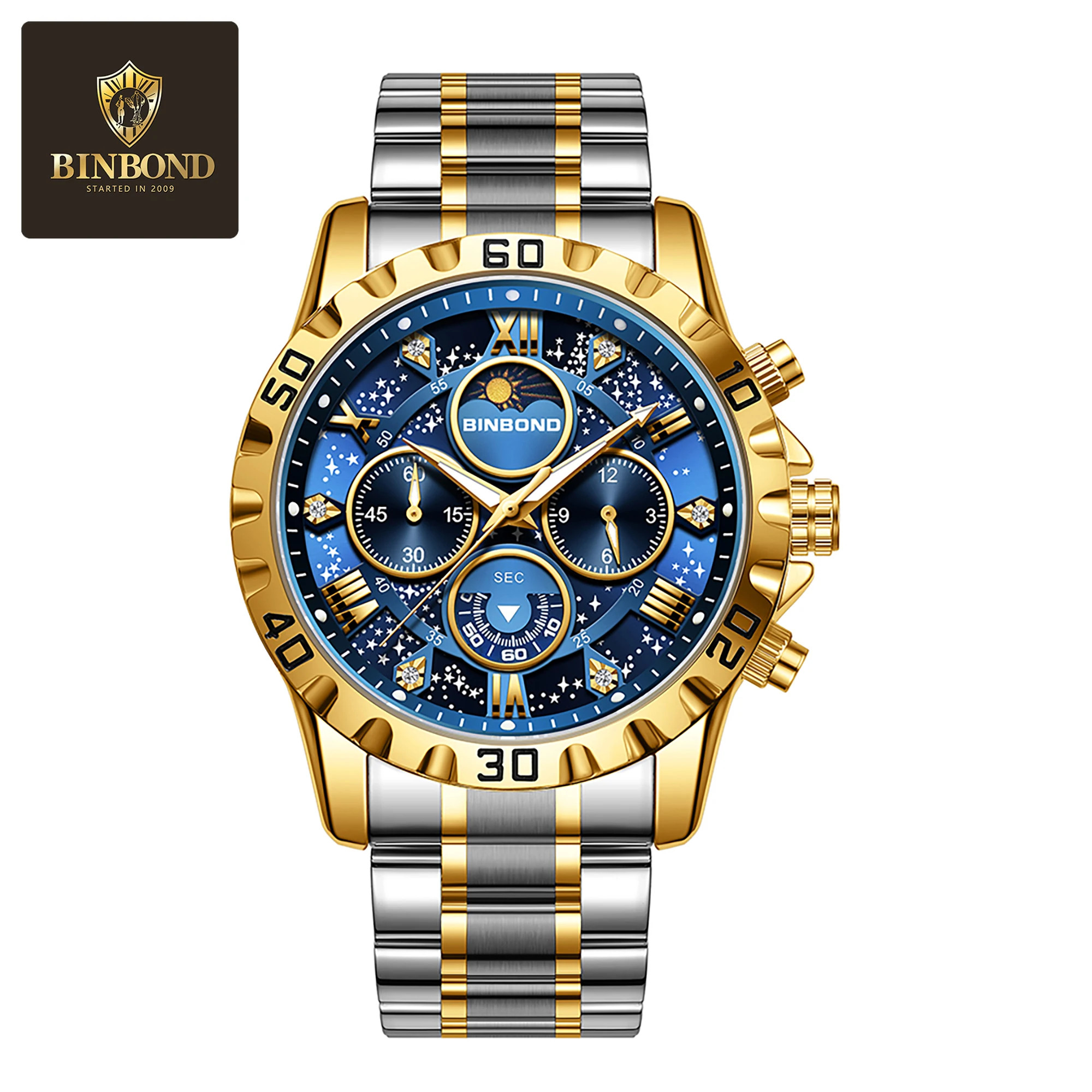 BINBOND Top Luxury Men's Watch Waterproof Night Light Chronograph Men's Quartz Watch Stainless Steel Casual Sports Men's Watch