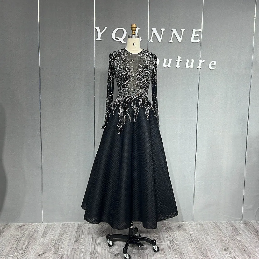 YQLNNE Black Muslim Long Sleeve Crystals Evening Dresses Dubai Beaded Formal Women Party Ball Gowns Tea-Length