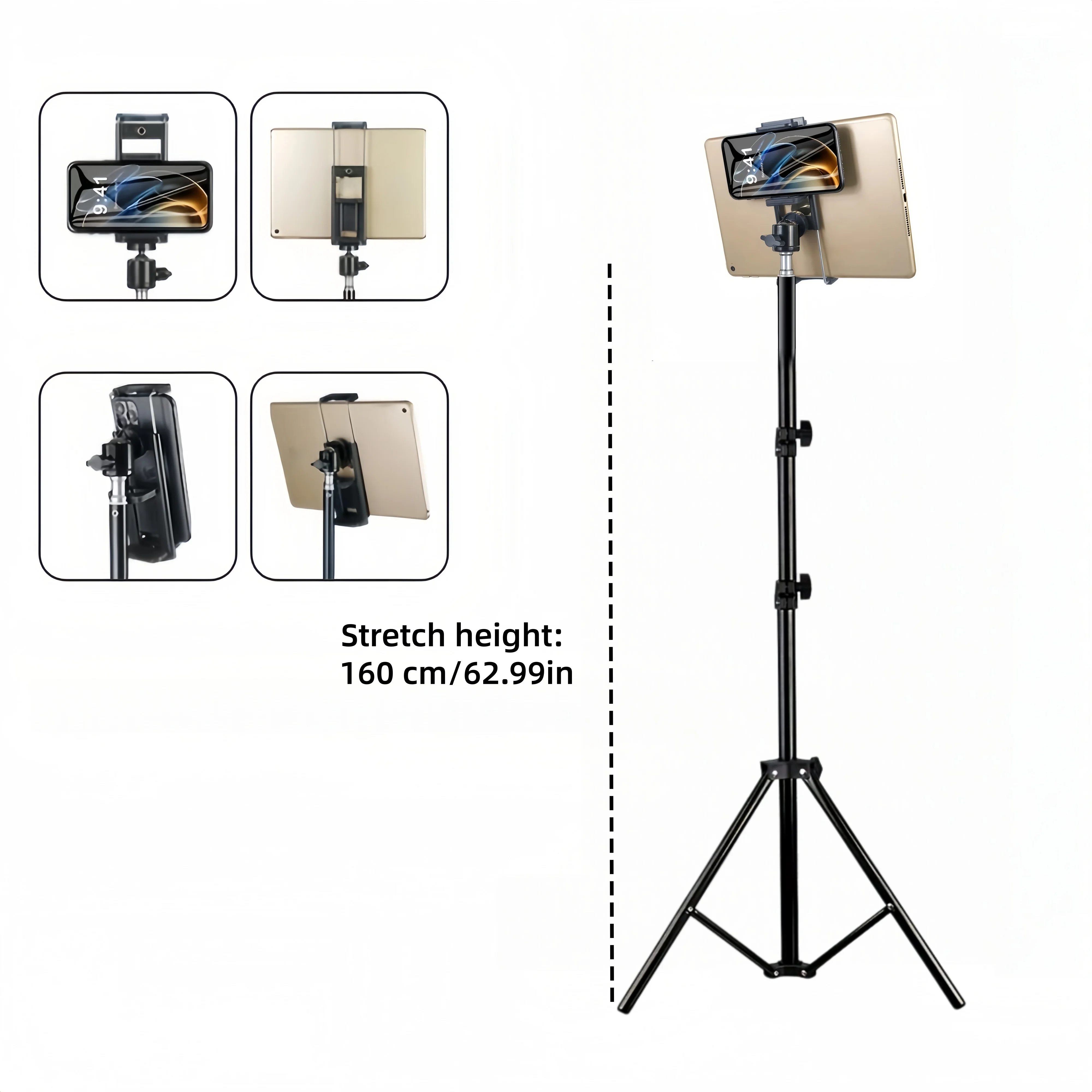 160cm Verstellbares Stativ mit Handy- und Tablet-Halterung, Universeller Bodenständer für Live-Streaming, Videoaufnahmen