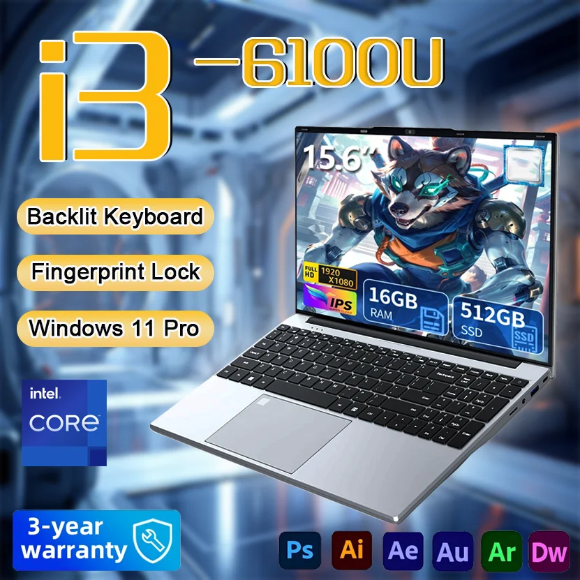 Computadora portátil de 15.6'' con Intel i3-6100U, 16GB de RAM, 256GB/512GB/1TB/2TB SSD, desbloqueo por huella dactilar, Windows 11, para oficina y estudio, teclado retroiluminado.