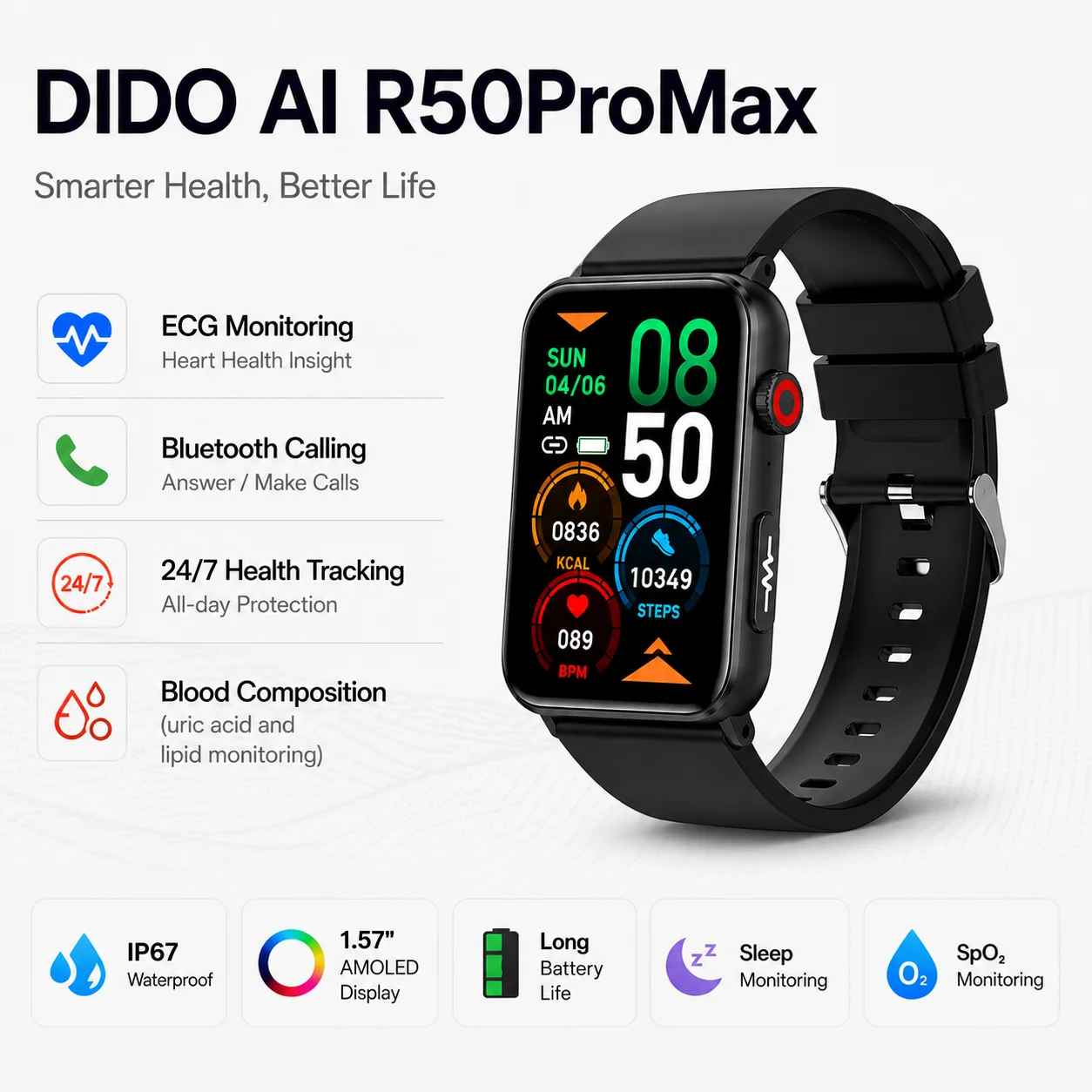 디도 AI R50 프로 스마트워치 ECG 건강 혈중 산소 HRV 체지방 BMI 모니터 1.57인치 IPS HD TFT 트래커 IP67 방수 스마트워치