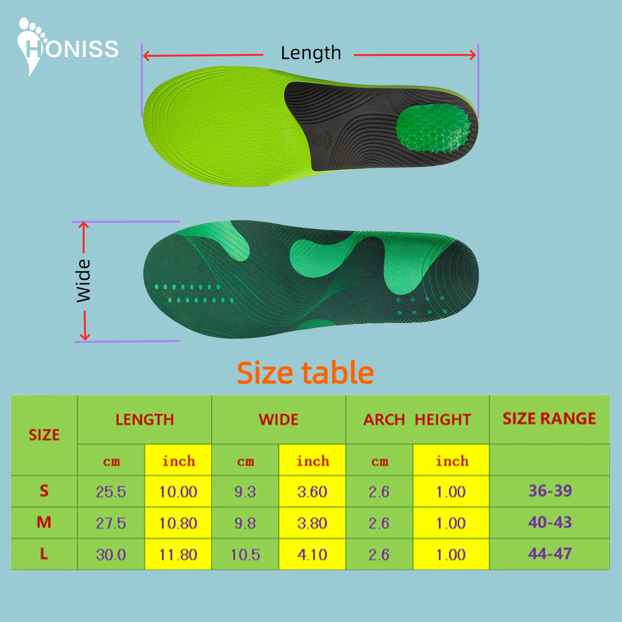 1 pair of flat arch support PU foam green breathable elastic insole long pad suitable for men and women