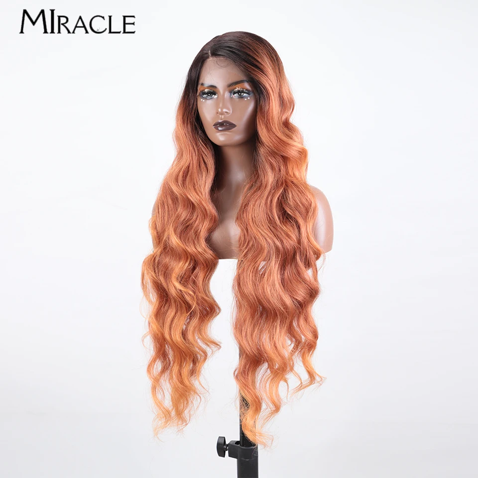 MIRACLE-peluca sintética con malla frontal para mujer, pelo falso de fibra suave, color marrón, resistente al calor, 36 pulgadas