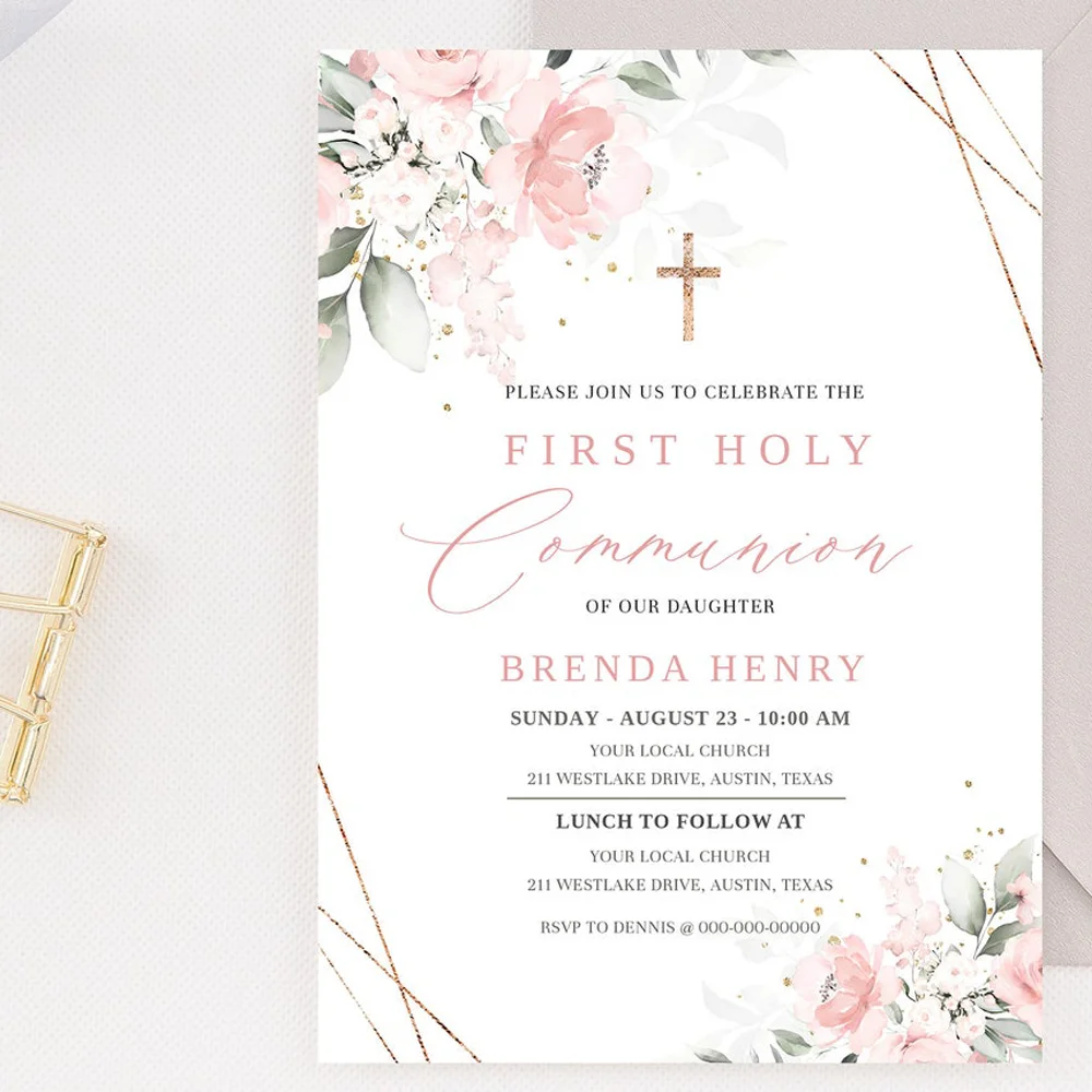 Personalized Pink First Holy Communion Invitation Card, Pink Watercolor Communion Invite, Customized