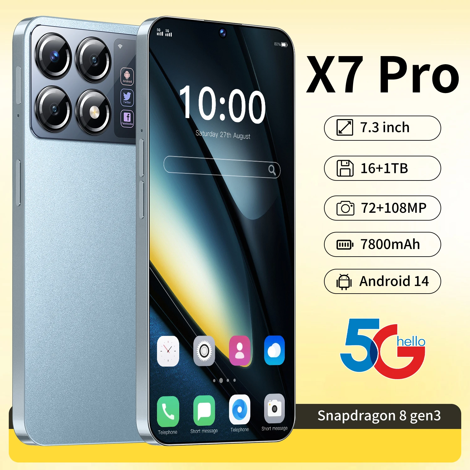 2025 NEW Cell Phone X7 Pro 7.3 HD Screen SmartPhone 16G+1T 5G Dual Sim Celulares Android Unlocked 108MP 7800mAh Mobile Phone