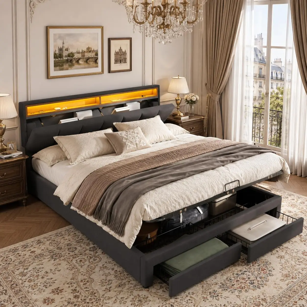 Cama Canapé Abatible 180x200 cm, Cama Doble Tapizada Gris de Lino con LED, Cama Hidráulica con Cajones, Cabecero con Almacenaje, Somier de Lamas, Estructura de Cama Moderna para Dormitorio Juvenil
