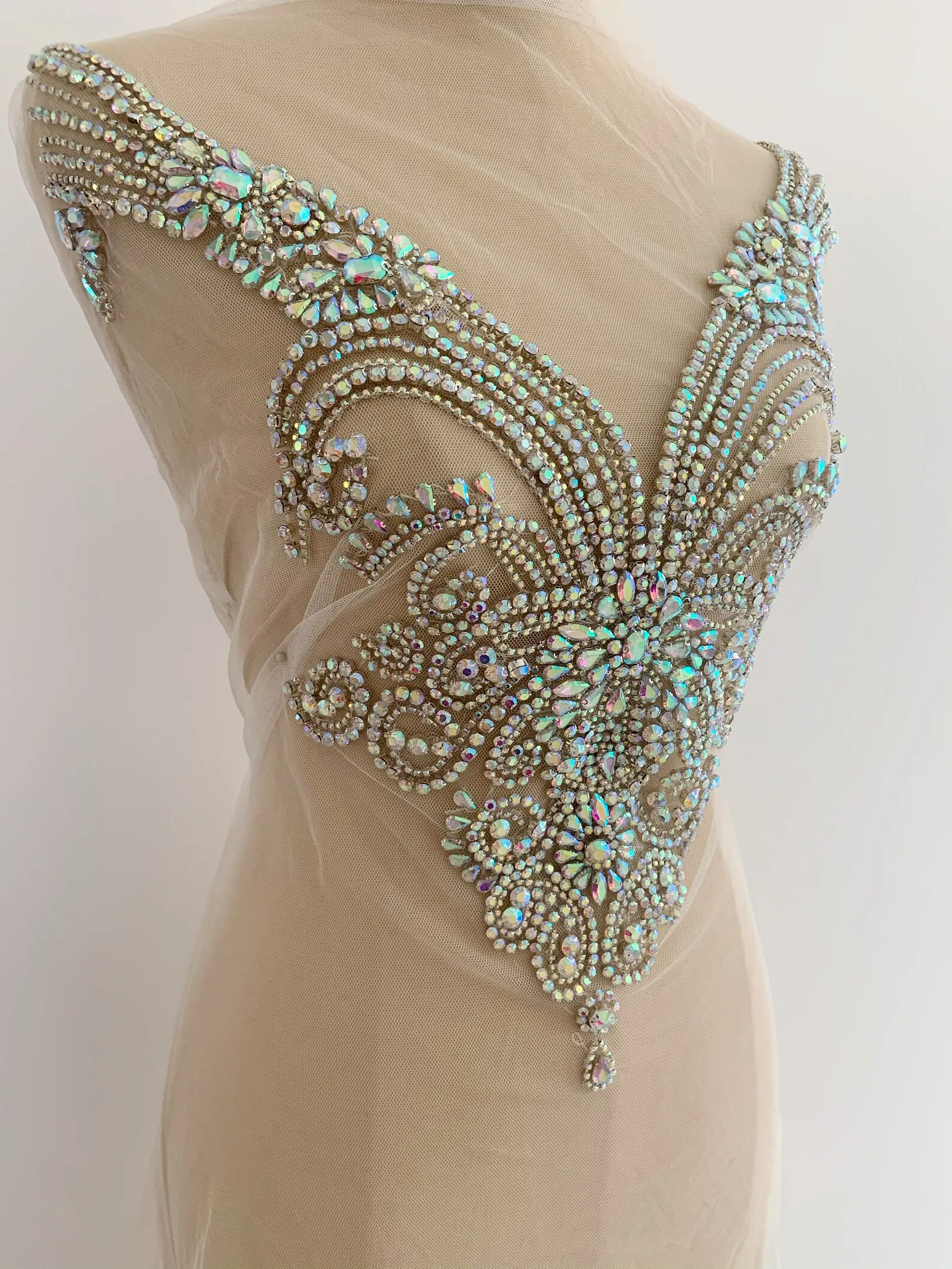 Iridescent Rhinestone Applique with Sweetheart Neckline For Corset Costume Haute Couture