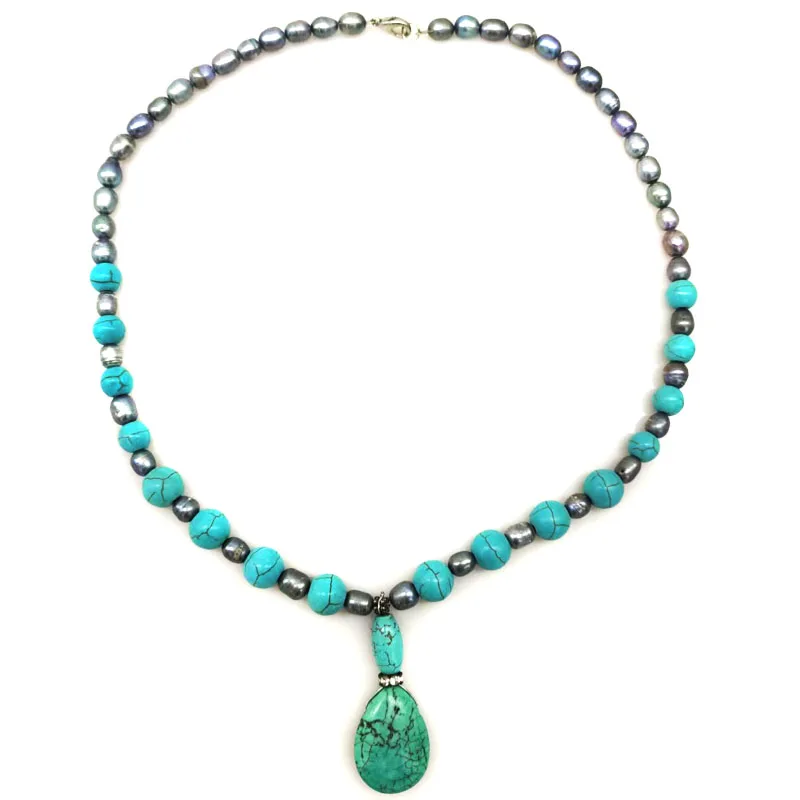 16 inches Oval Black Natural Pearl and Blue Turquoise Pendant Necklace