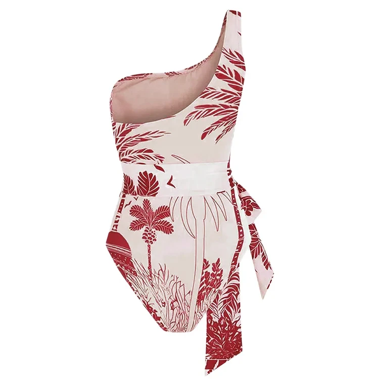 2025 Zomer Sexy Een Schouder Kokospalm Print Eendelig Badpak en Sarong Vrouwen Badmode Dames Badpak 2 stks