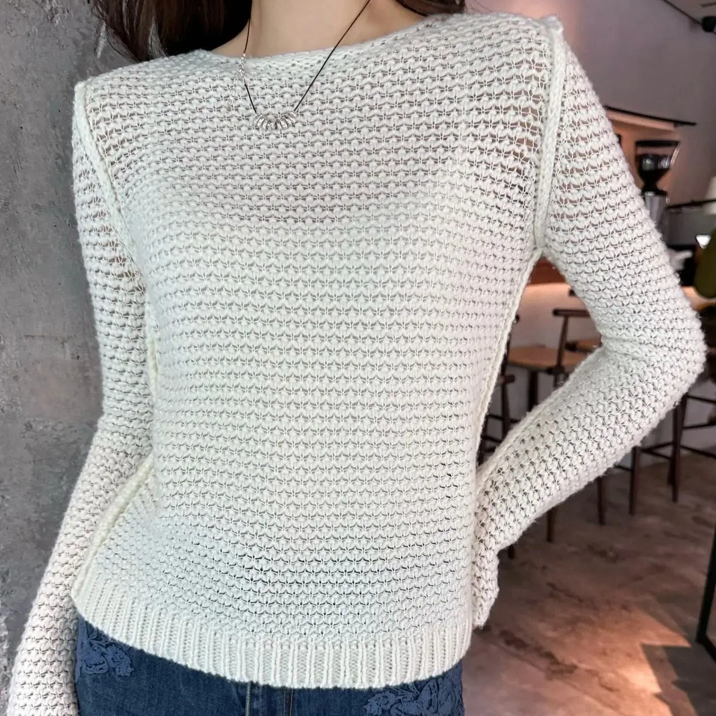 

Casual 100% cashmere crocheted long sleeve pullover