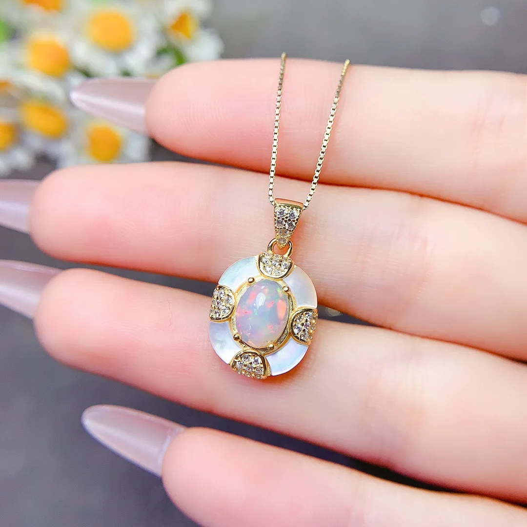 KJJEAXCMY Girls' Jewelry 6x8mm Natural White Opal Shell Necklace Pendant 925 Pure Silver Plated 18K Gold Clearance Sale Gift