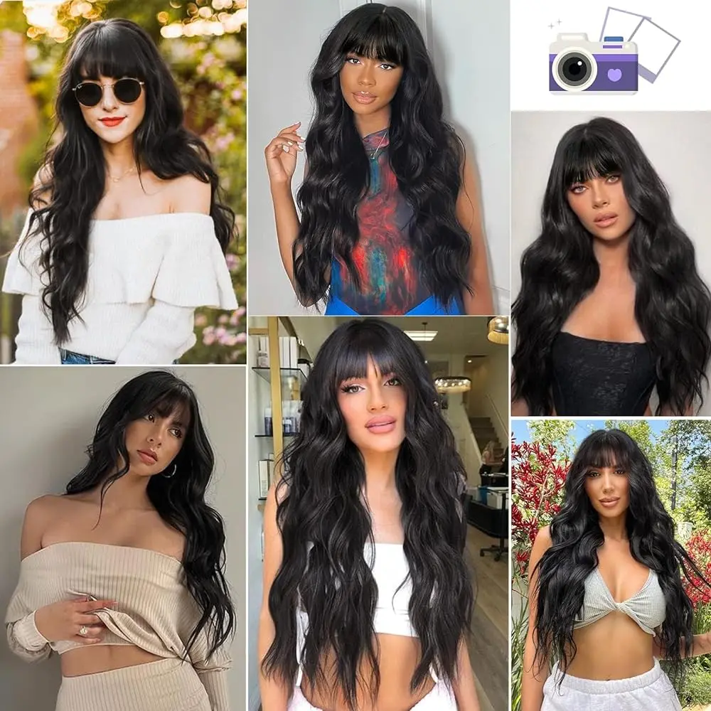 EASIHAIR Natural Black Long Body Wave Synthetic Women Wigs with Bangs Daily Cosplay Afro Brazilian Women Hair Wig Heat Resistant