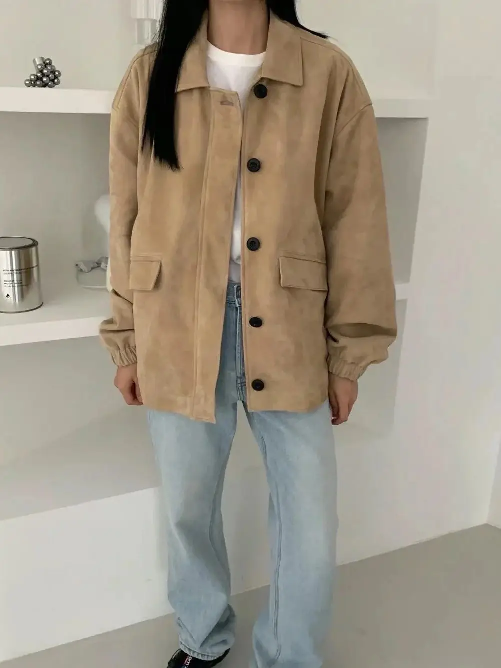 Elegant casual women's autumn fashionable minimal genuine suede jacket