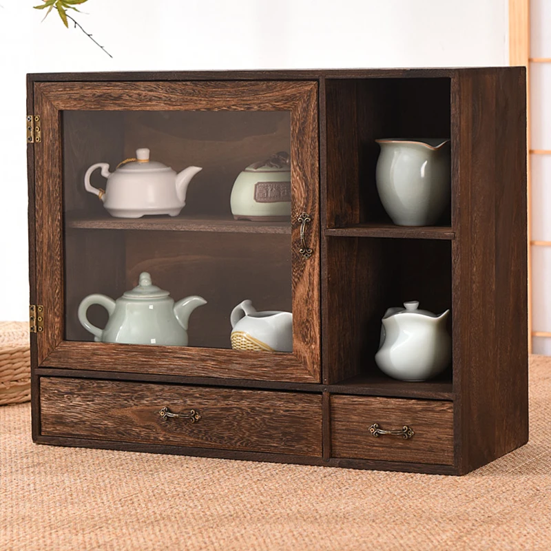 Solid wood dustproof desktop storage box modular detachable cosmetic shelf tea set organizer tea cup holder bookcase teapot latt