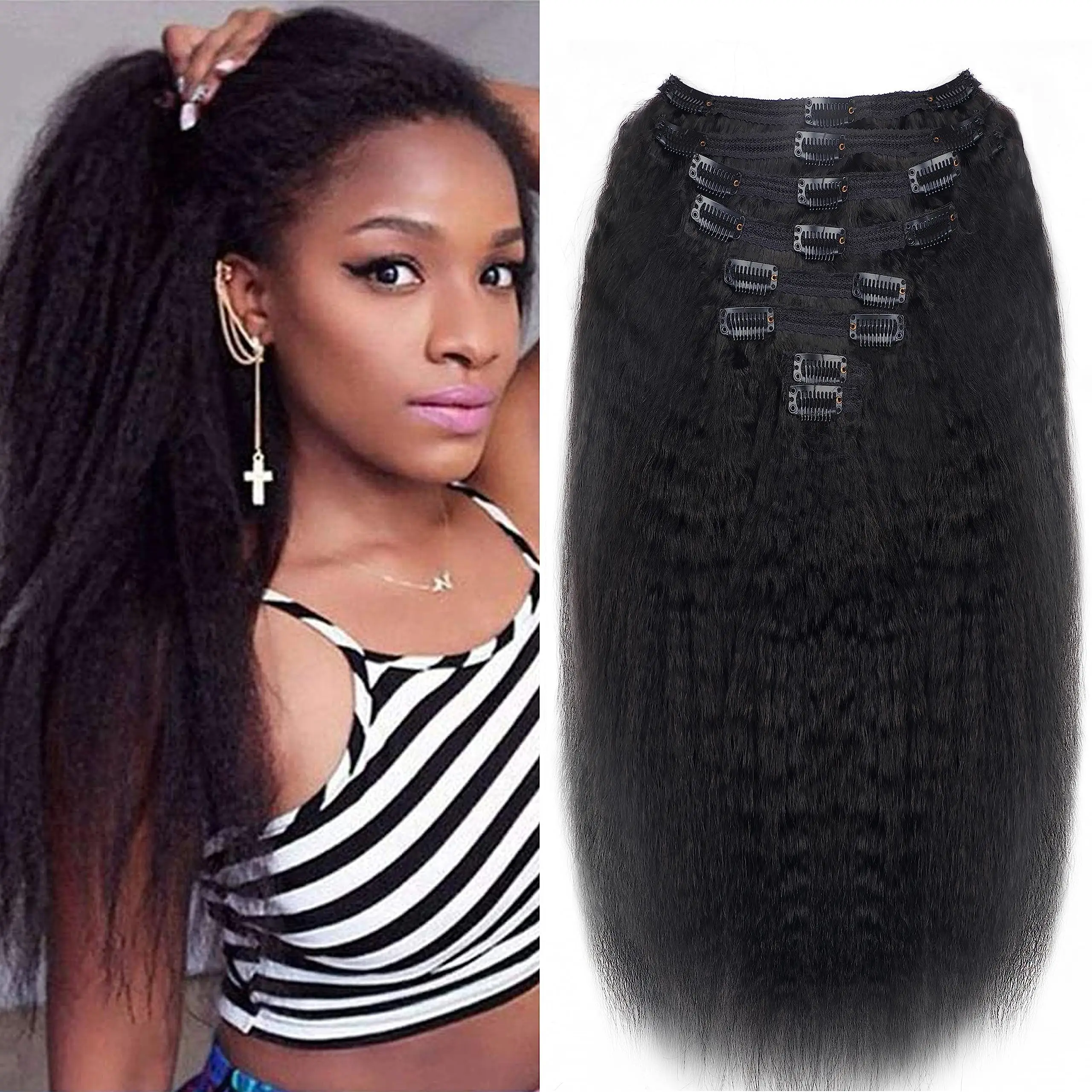 

Kinky Straight Clip in Hair Extensions Real Human Hair Clip ins Natural Black Double Weft Clip ins Kinky Straight Clip in Hair