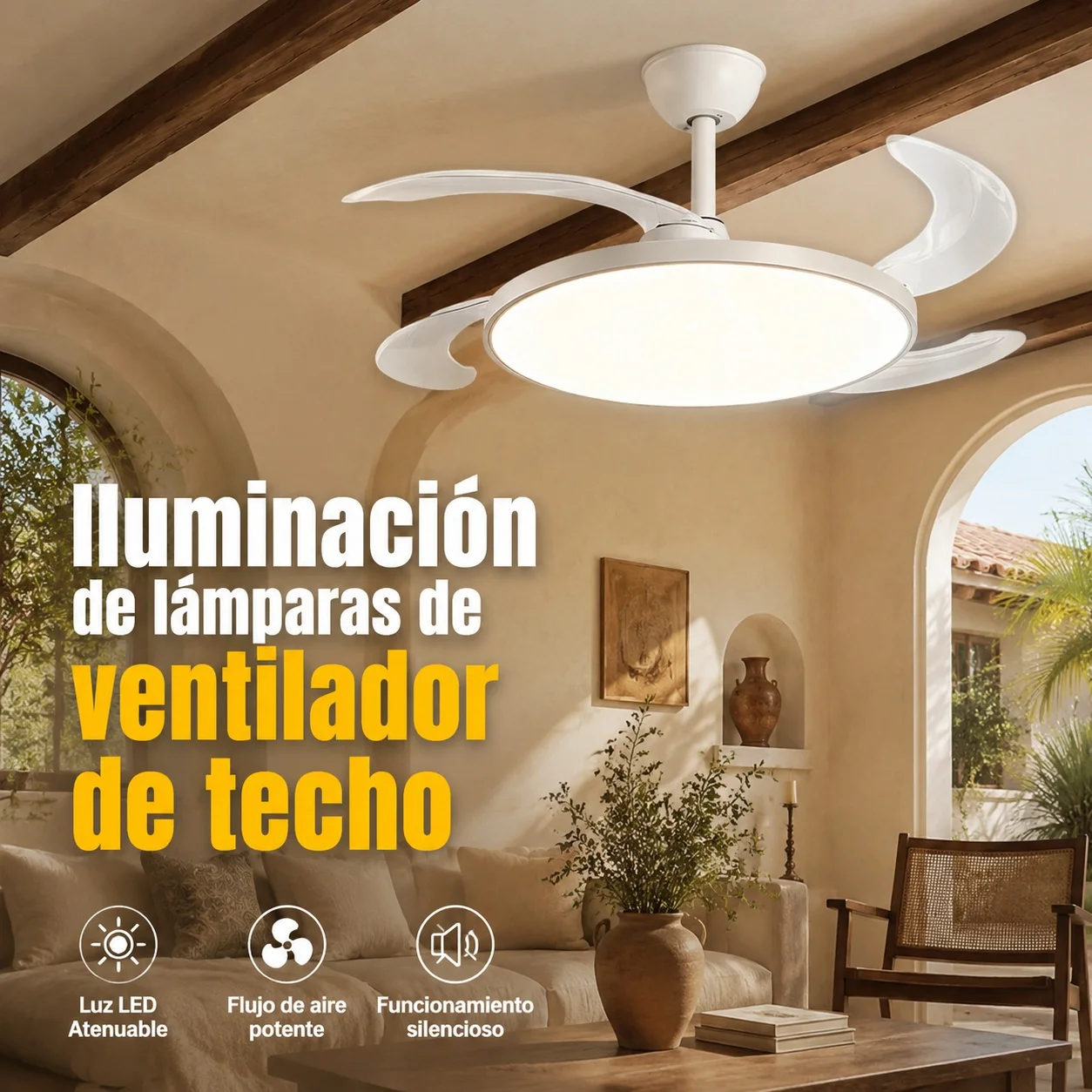 Ventilador de techo con luz LED regulable 50x50cm 48W aspas retráctiles invisibles silencioso mando a distancia temporizador 1/2/4h 3 velocidades diseño blanco moderno IP20 bajo consumo compatible