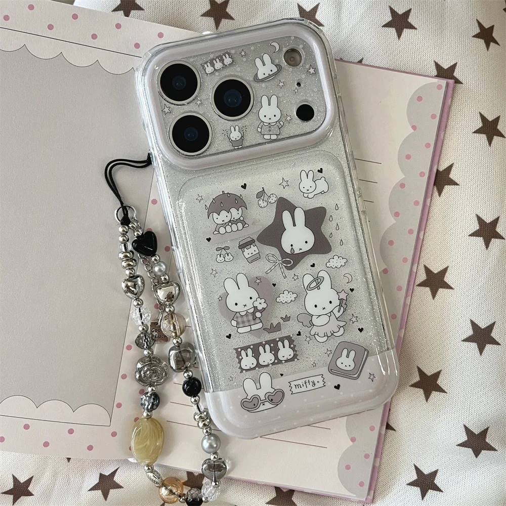Modne, urocze etui na telefon z brokatem i króliczkiem Miffy do iPhone 17 16 15 17 Pro 16 Pro 15 Pro Max z łańcuszkiem, kawaii, odporne na wstrząsy.