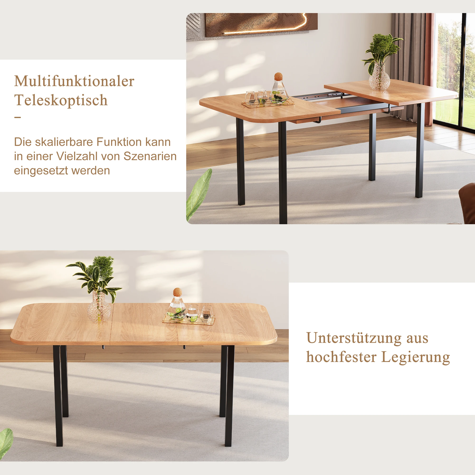 Image 6: Table à manger extensible, tables pliantes 120/160*80*75 cm, table de loisirs rectangulaire pour salon, table pliable et rangable, naturelle
