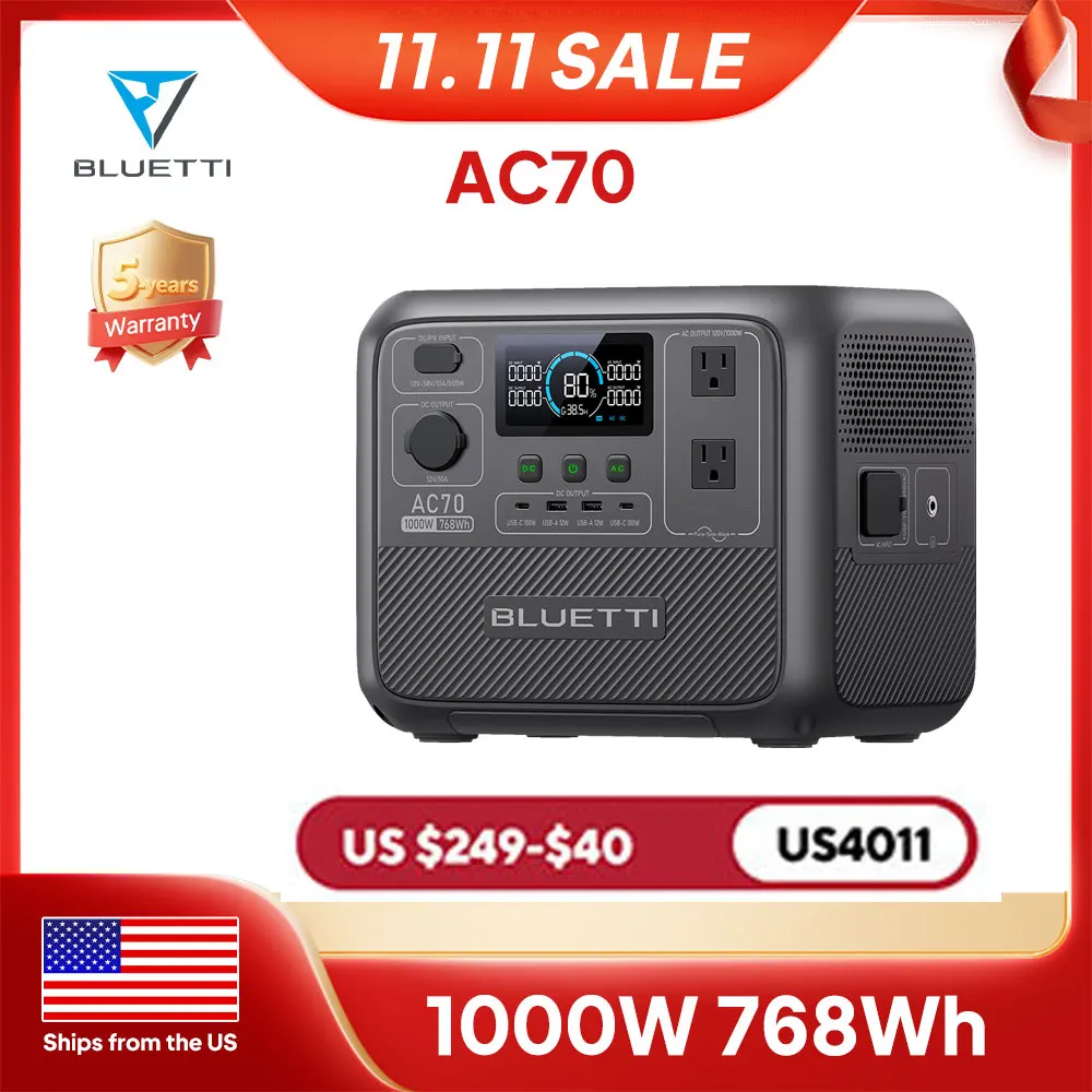 【US PLUG】Pentral eléctrica portátil BLUETTI AC70 | 1000W 768Wh, generador para viaje por carretera, fuera de la red, corte de energía