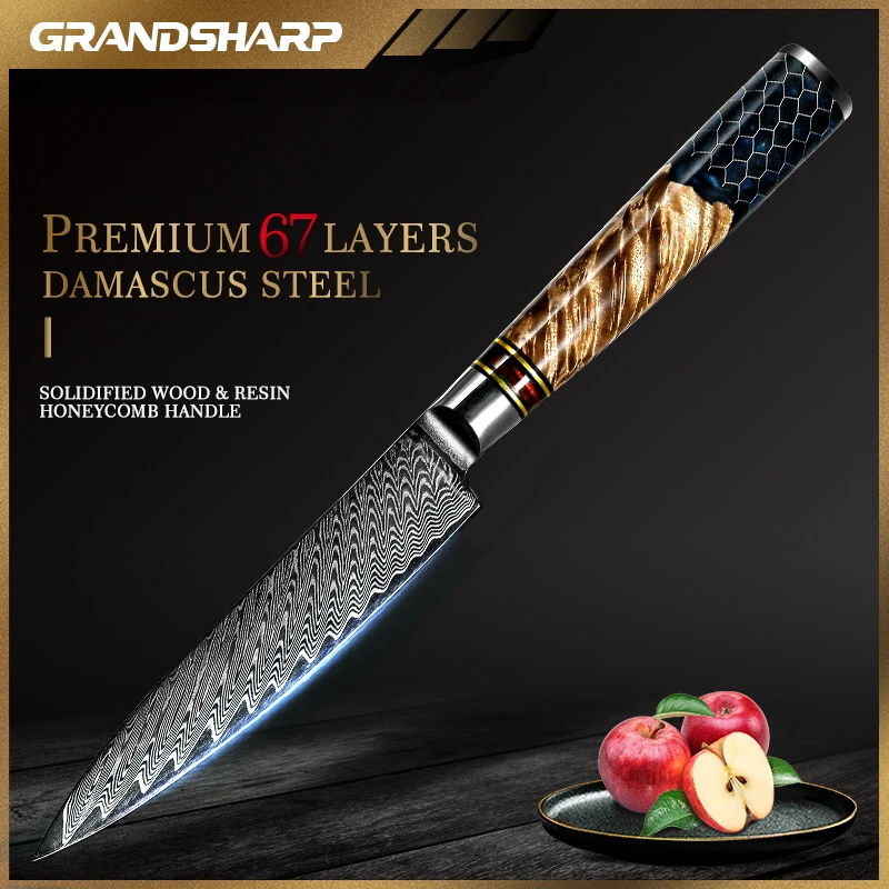 

Damascus Kitchen Knife Chef Cooking Cutting Tools Utility Petty Tomato Slicing Knife Solidified Wood Honeycomb Blue Beige Handle
