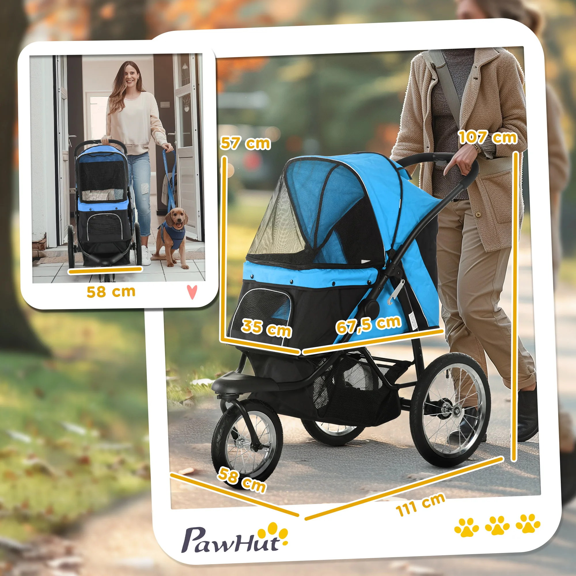 Poussette pliable à 3 roues pour animaux de compagnie, grand chariot de transport pour chiens avec pare-soleil, fenêtres en maille, panier de rangement, capote réglable, fenêtres en maille respirante, grand panier de rangement, roues à amortisseurs, cadre en acier, chariot de promenade pour animaux de compagnie en extérieur