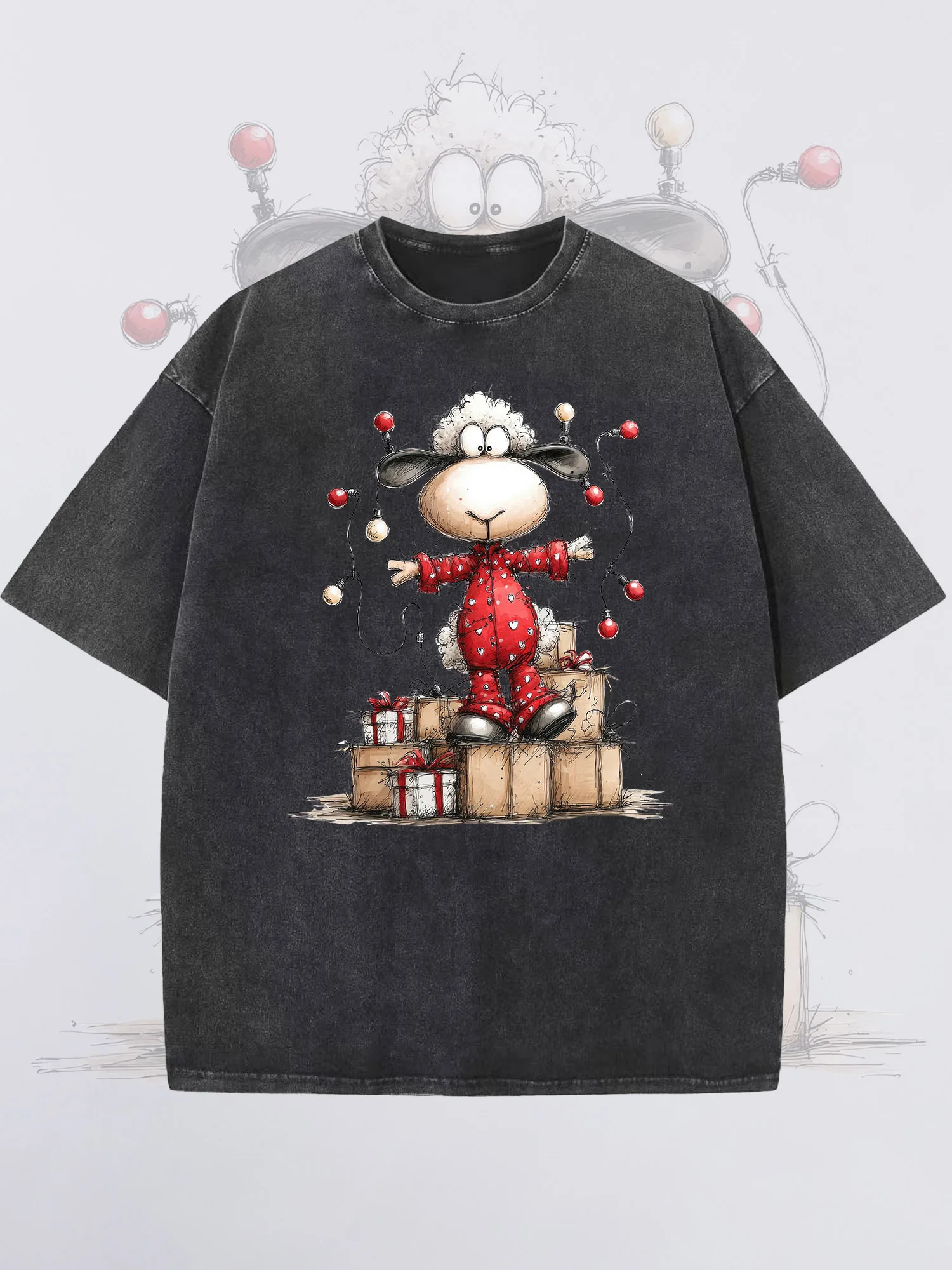 

Men's T-Shirts Christmas Sheep Printed Black Short-Sleeved Round Neck Loose Summer 100% Cotton Acid-Washed Finish Christmas