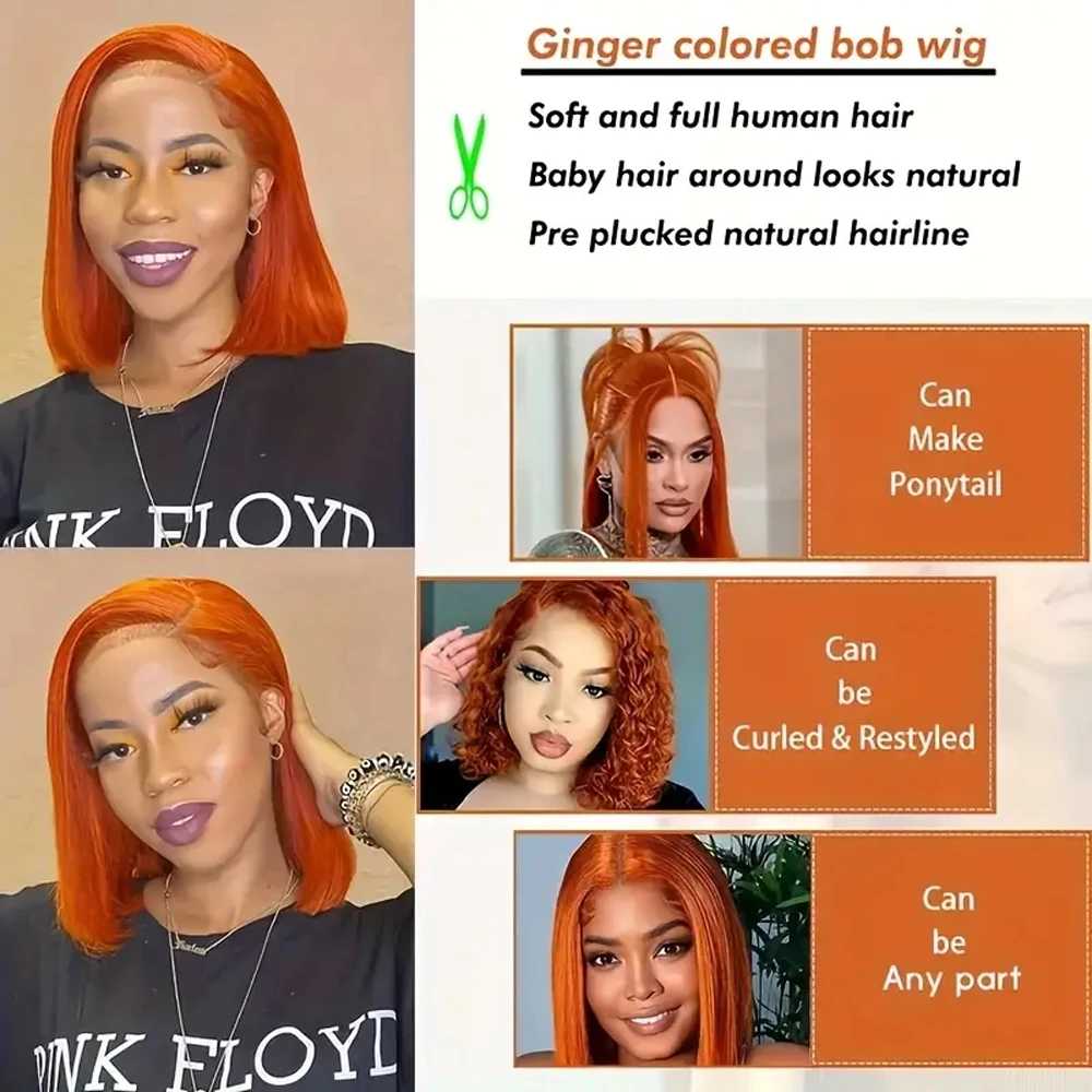 البرتقال الزنجبيل مستقيم قصير بوب شعر مستعار شعر الإنسان 13x4 الدانتيل الشفاف الباروكة الأمامية قبل قطعها 200% قصير مستقيم الزنجبيل بوب شعر مستعار